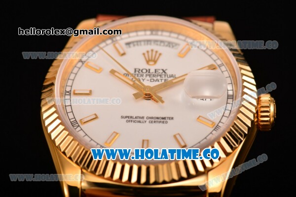 Rolex Day-Date Asia 2813/Swiss ETA 2836/Clone Rolex 3135 Automatic Yellow Gold Case with Stick Markers and White Dial (BP) - Click Image to Close
